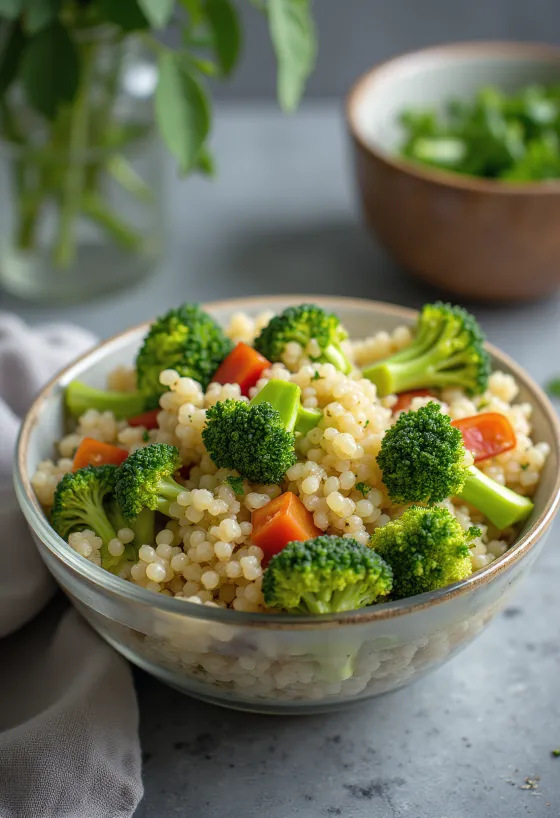 Brokkolis quinoa saláta tálalva