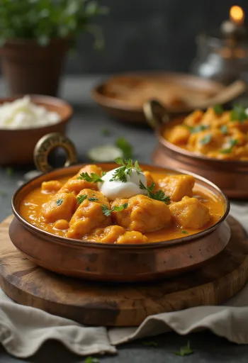 Chicken Makhani, indiai vajszószos csirke friss korianderrel díszítve