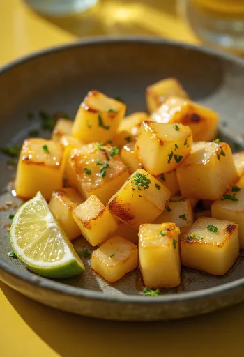 Daikon sült formában, tálalva friss petrezselyemmel és citruslével