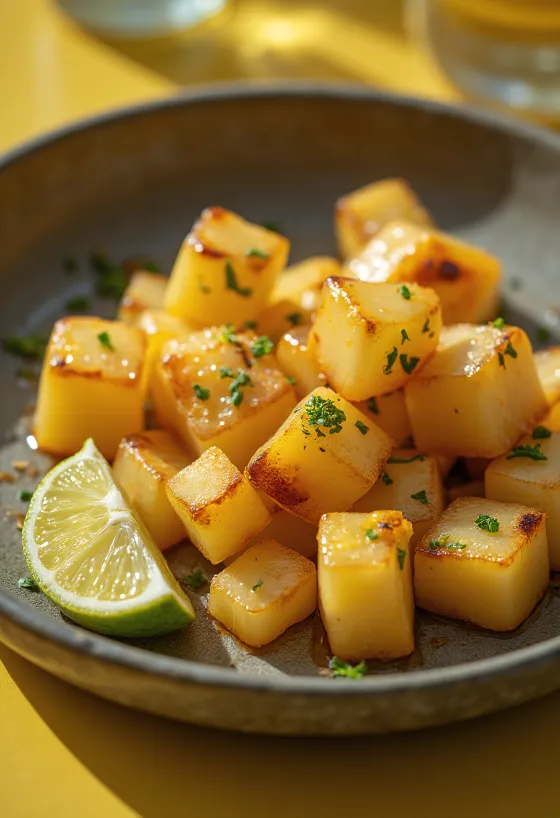 Daikon sült formában, tálalva friss petrezselyemmel és citruslével