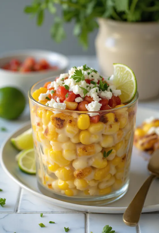 Esquites salsával, friss korianderrel díszítve