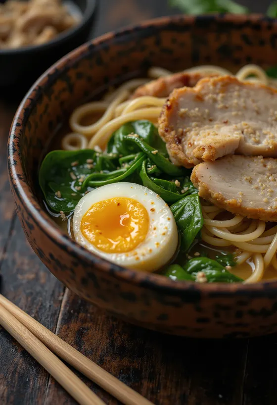 Gluténmentes ramen tálalva csirkével és zöldségekkel