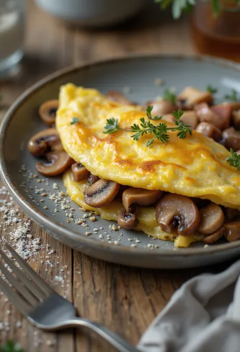 Gombás omlett füstölt sonkával, tálalva friss petrezselyemmel