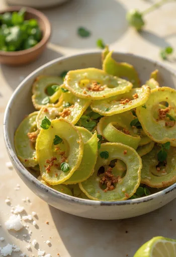 Karela chips aranybarna, ropogós szeletek egy tányéron