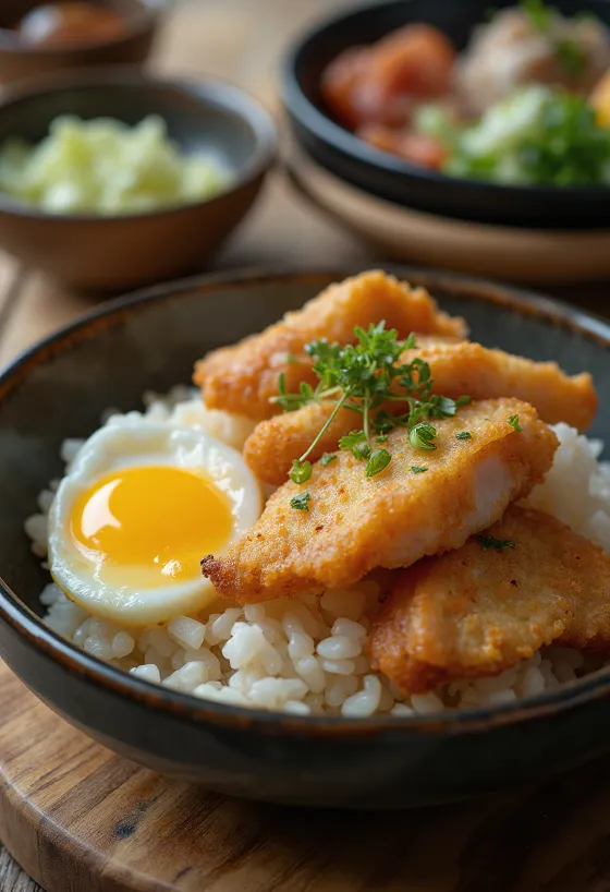 Katsu Donburi tálalva ropogós rántott sertéshússal és tojásos szósszal