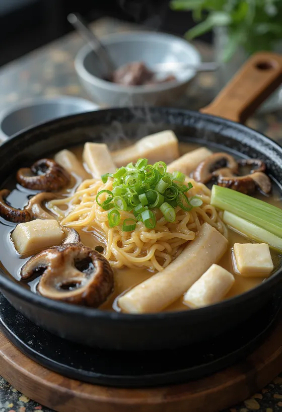 Kiritanpo Nabe Shirataki tésztával, gazdag japán leves zöldségekkel és tésztával