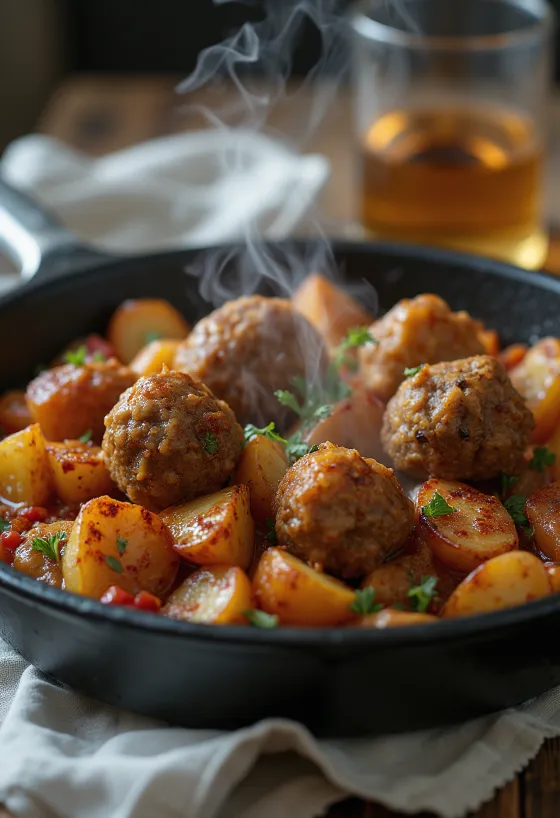 Kofta fűszeres burgonyával, grillezett marhahús golyókkal és petrezselyem díszítéssel