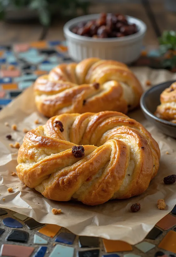 Kringle mazsolás töltelékkel aranybarnára sütve, fonott koszorú formában tálalva