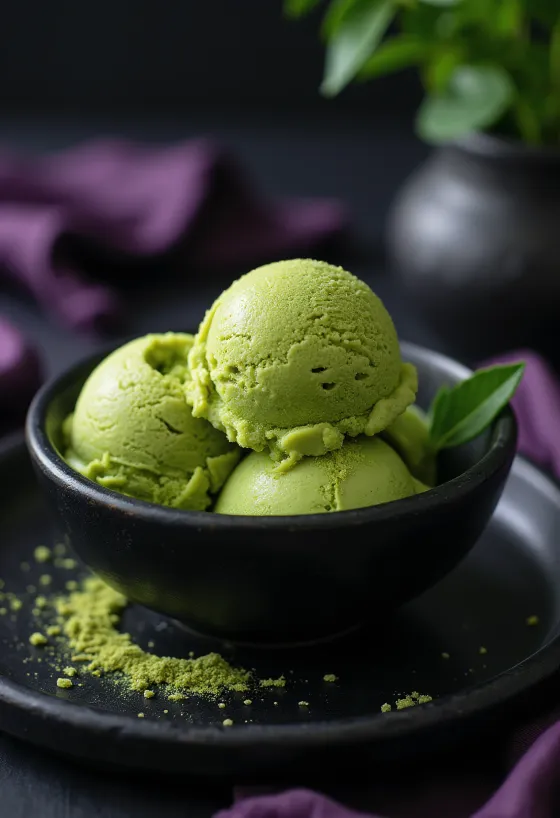 Matcha fagylalt tálalva