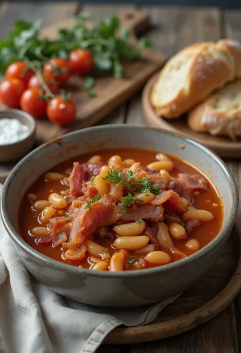 Gazdag minestrone leves füstölt szalonnával, tésztával és zöldségekkel tálalva