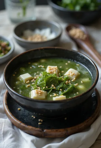 Miso alapú miyeokguk, tengeri kel algával és tofukkal tálalva