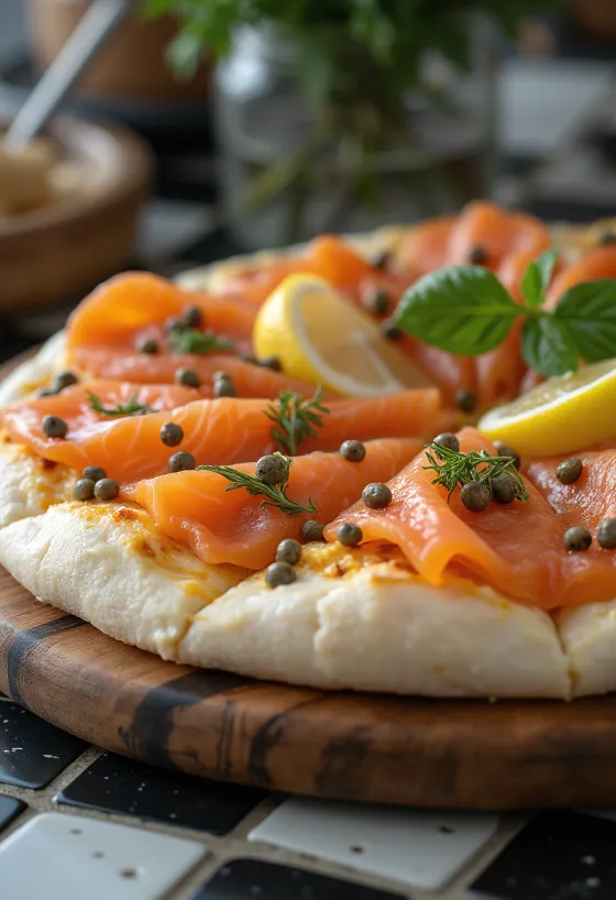 Lazacos pizza füstölt lazaccal és tejföllel