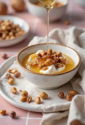 Probiotikus mogyorós joghurt, pörkölt mogyoróval és mézzel tálalva
