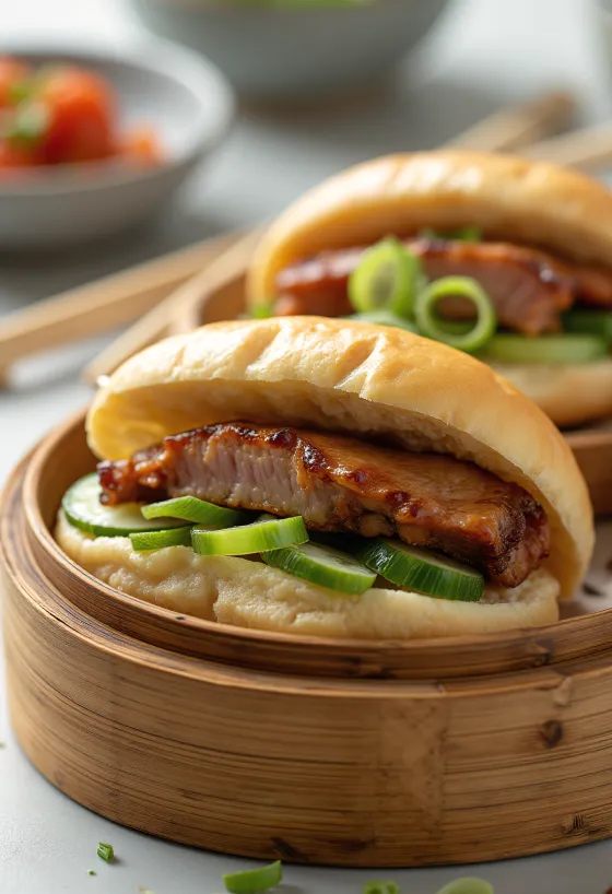 Ropogós kacsás bao bun étel tálalva