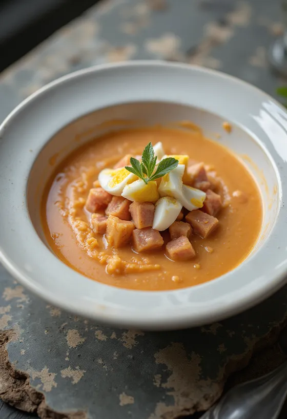 Salmorejo tonhallal, friss tojással és petrezselyemmel tálalva