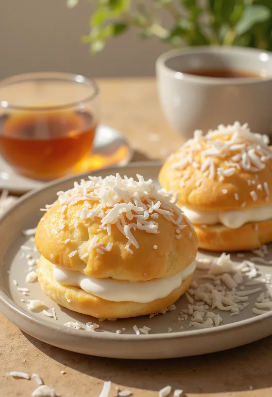 Semla kókuszos krémmel, porcukorral megszórva, aranybarna buciban tálalva