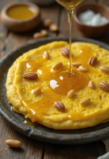 Sfouf pancake, libanoni kurkumás palacsinta mézzel és fenyőmaggal tálalva