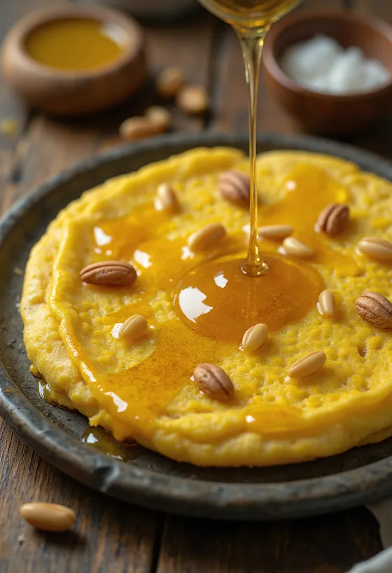 Sfouf pancake, libanoni kurkumás palacsinta mézzel és fenyőmaggal tálalva