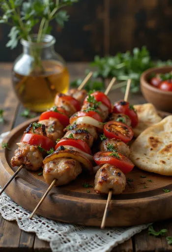 Şiş kebab grillezett pácolt hússal, lapos kenyérrel és zöldségekkel tálalva