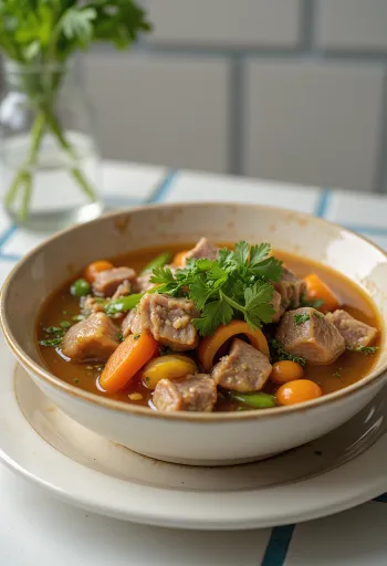 Souse marhalábbal tálalva, gazdag zöldséges leves friss korianderrel.