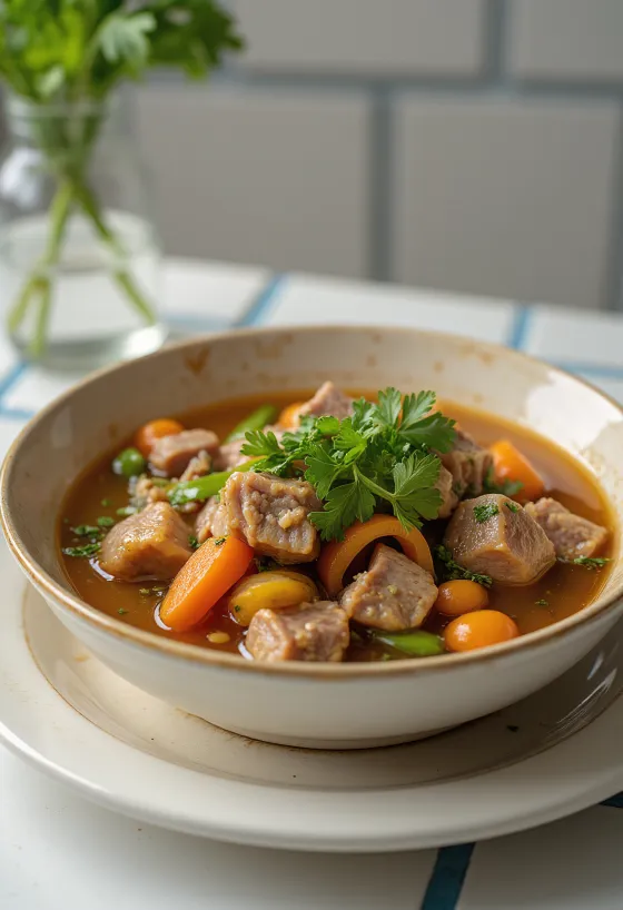 Souse marhalábbal tálalva, gazdag zöldséges leves friss korianderrel.