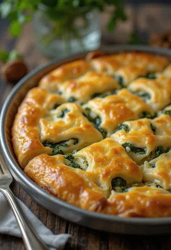 Spanakopita spenóttal, aranybarna filo tésztában, gazdag spenótos töltelékkel