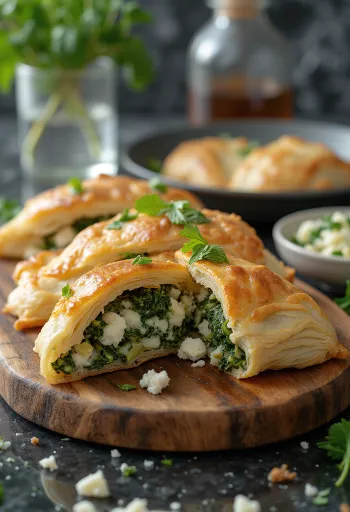 Spanakopita tésztával, aranybarna, ropogós tésztával és gazdag spenótos töltelékkel
