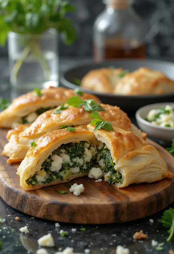 Spanakopita tésztával, aranybarna, ropogós tésztával és gazdag spenótos töltelékkel