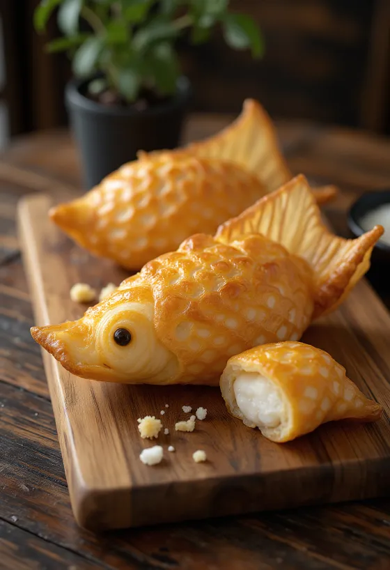 Taiyaki mochi töltelékkel, egy japán édesség, finom rizsliszt tésztával és édes töltelékkel