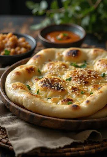Tandoor naan szezámmaggal tálalva, frissen sült és illatos