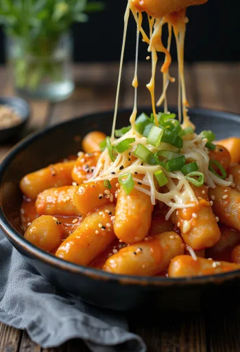 Tteokbokki sajttal, koreai rizstészta sajtos szószban