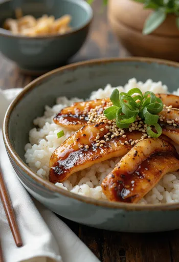 Unagi don, grillezett angolnával és szójaszószos rizssel tálalva