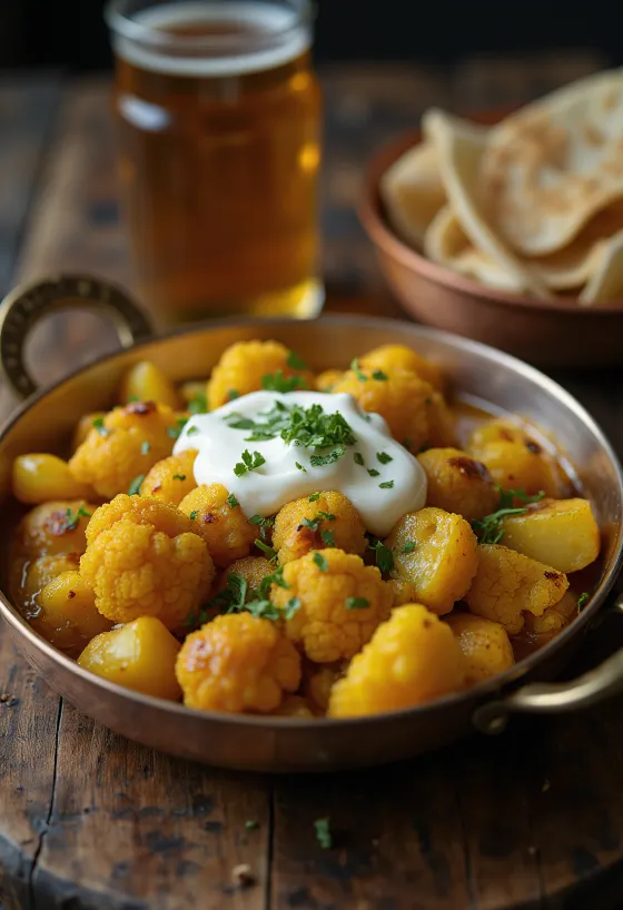 Aloo gobi joghurttal, friss korianderrel díszítve