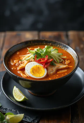 Asam laksa, savanykás kókusz alapú leves halhússal és friss zöldségekkel tálalva.