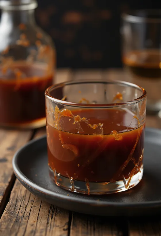 Barbecue szósz bourbon whiskey-vel egy tálban, friss fűszerekkel és grillhúsokkal a háttérben.