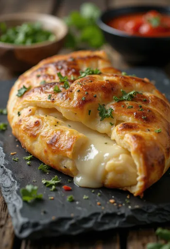 Calzone mozzarellával, aranybarna kérgű, mozzarellával és sonkával töltve