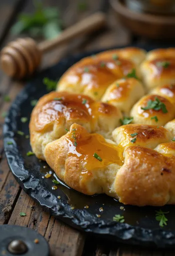 Camembert sajtos és mézes focaccia tálalva