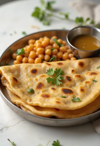 Chapati csicseriborsóval, frissen sütve, tálalva