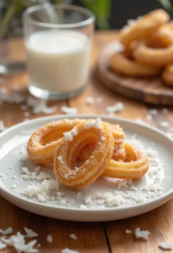 Churro kókusz, friss kókuszreszelékkel és cukorral tálalva