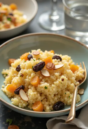 Couscous aszalt gyümölcsökkel, pirított mandulával, friss és ínycsiklandó tálalásban.