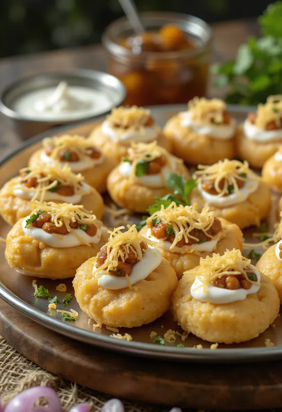 Dahi Puri csicseriborsóval tálalva joghurttal és tamarind szósszal