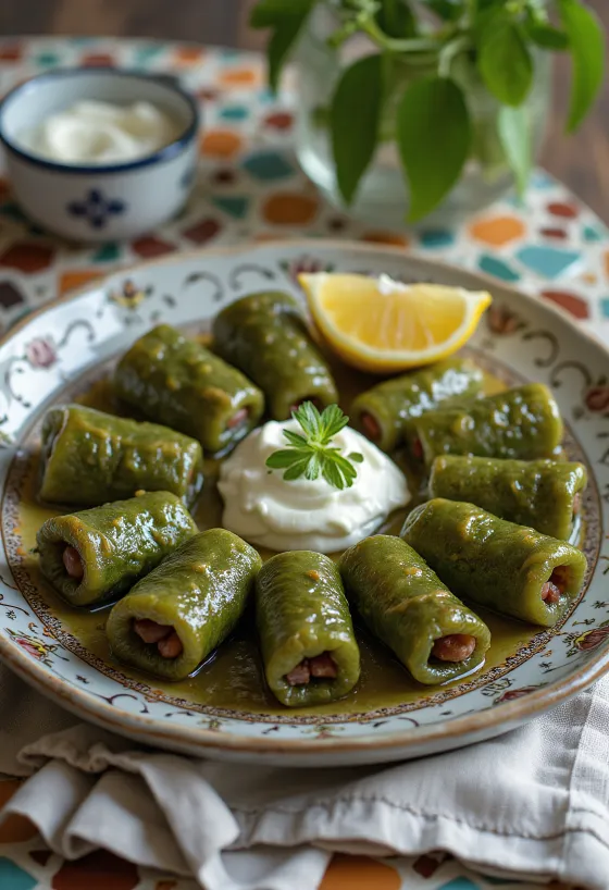 Dolma szőlőlevélben, friss citrommal és olívaolajjal tálalva