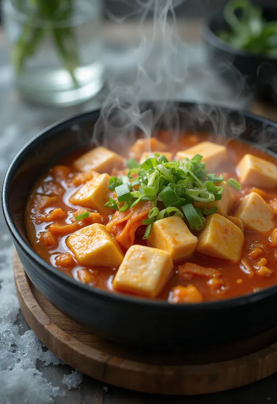 Dubu Jjigae, koreai tofu leves kimchivel és zöldségekkel