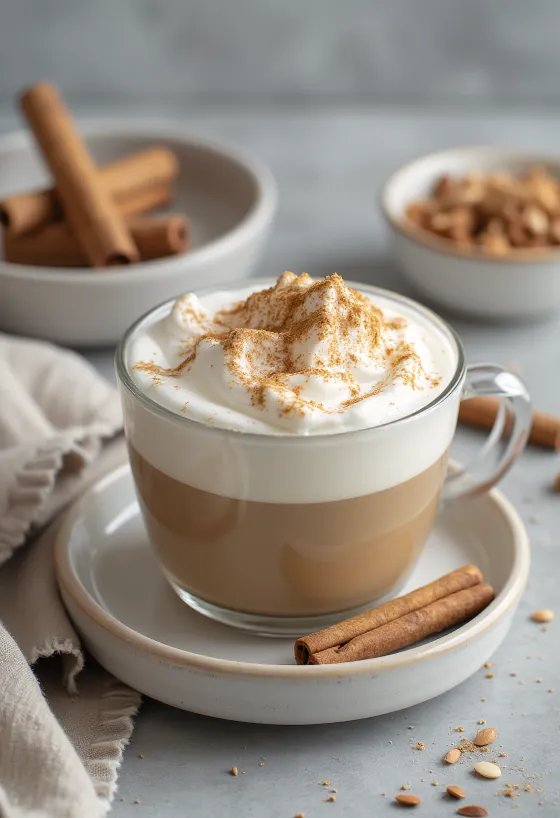 Fahéjas-mandulás latte tálalva