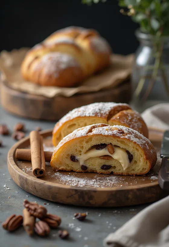 Fahéjas-pekándiós Stollen szeletelve, porcukorral megszórva, rusztikus háttérrel