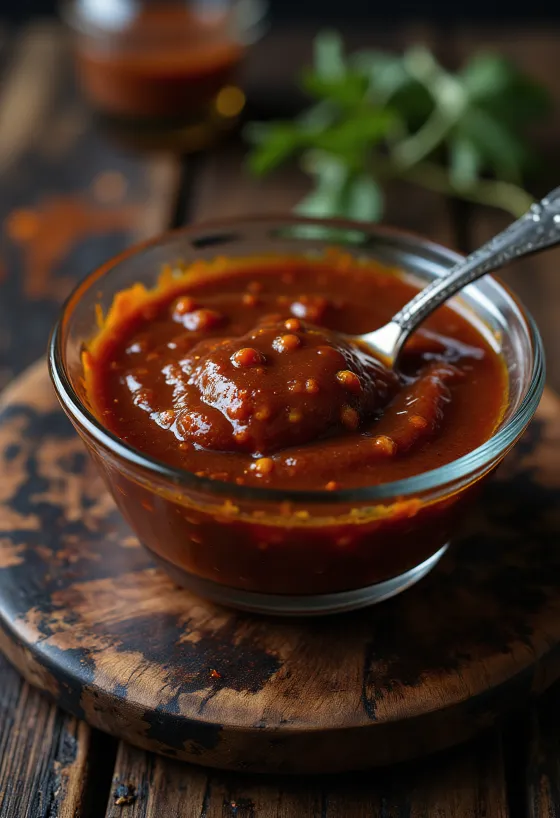 Füstölt paprikás chilis barbecue szósz üvegben, grillezett húsok mellé tálalva