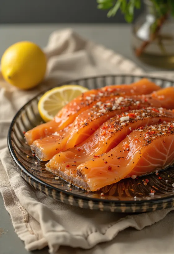 Gravlax chilis pelyhekkel, tálalva friss kaporral és citrommal