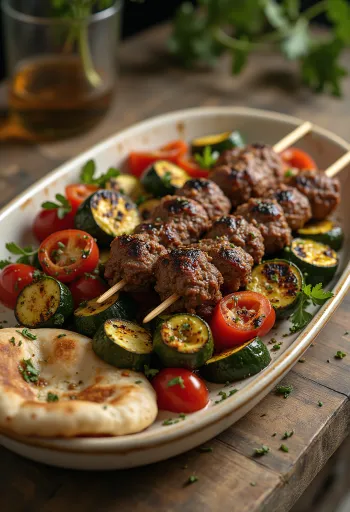 Grillezett kebab zöldségekkel tálalva