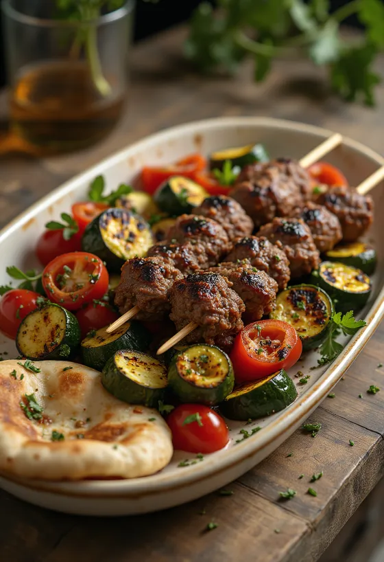 Grillezett kebab zöldségekkel tálalva