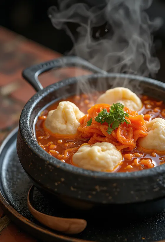 Kimchis Sujebi, friss tésztával és fűszeres kimchi szószban